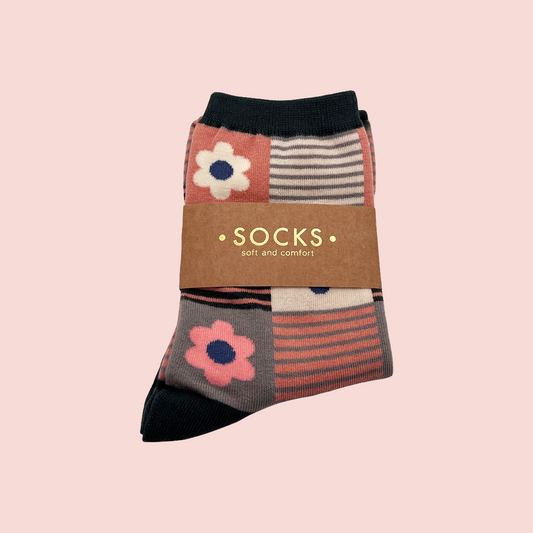 Daisy Multi Striped Socks, Teal/Coral - Tiepology