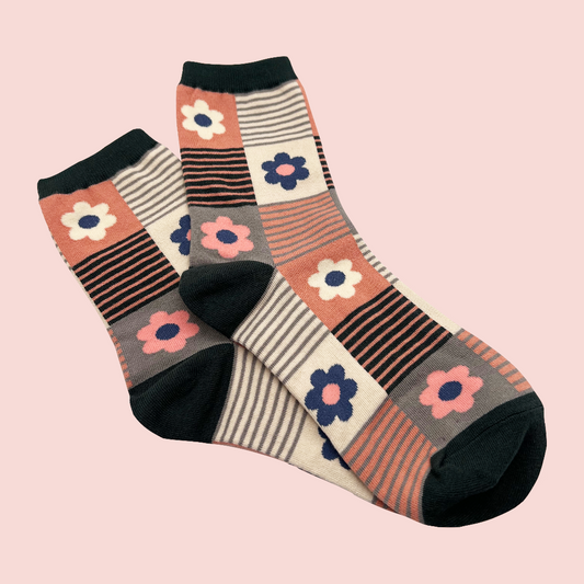 Daisy Multi Striped Socks, Teal/Coral - Tiepology