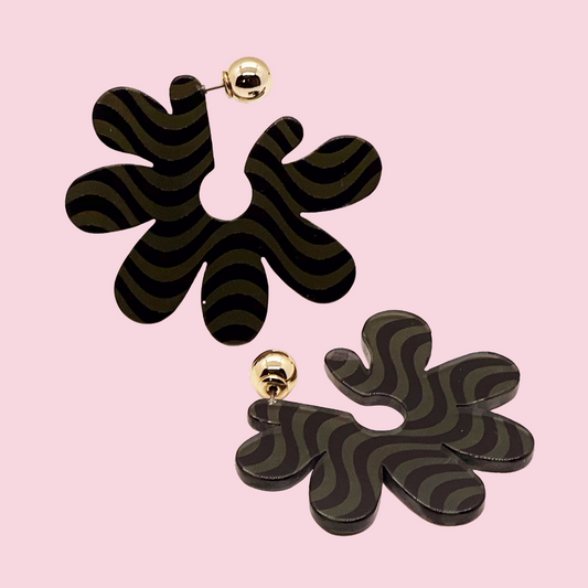 Big Flower Wave Post Earrings, Olive/Black - Tiepology