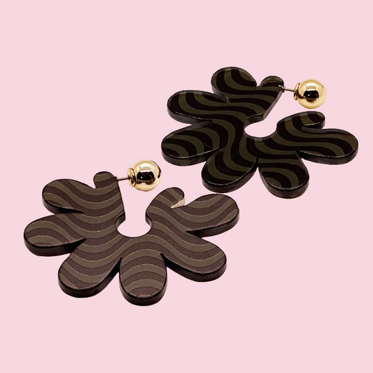 Big Flower Wave Post Earrings, Olive/Black - Tiepology