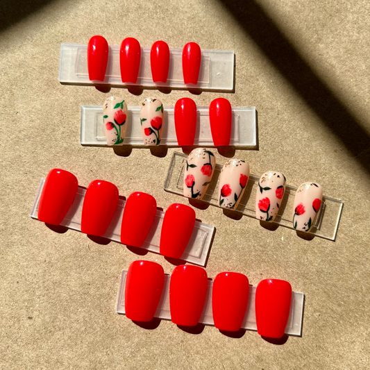 Press-On Nails, Red Floral - Disco Pressies